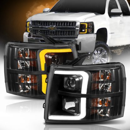 ANZO 07-13 Chevrolet Silverado 1500 Plank Style Projector Headlights Black w/ Amber - Image 2