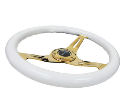 NRG Classic Wood Grain Steering Wheel (350mm) White Grip w/Chrome Gold 3-Spoke Center - Image 3