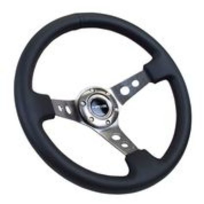 NRG Reinforced Steering Wheel (350mm / 3in. Deep) Blk Leather w/Gunmetal Circle Cutout Spokes - Image 2