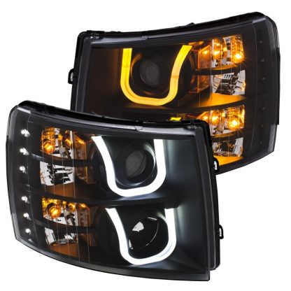 ANZO 2007-2013 Chevrolet Silverado 1500/2500 Projector Headlights w/ U-Bar Switchback Black w/ Amber - Image 7