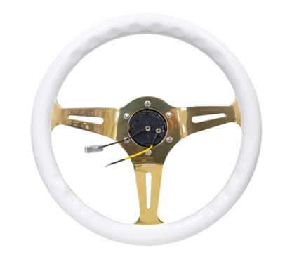 NRG Classic Wood Grain Steering Wheel (350mm) White Grip w/Chrome Gold 3-Spoke Center - Image 4