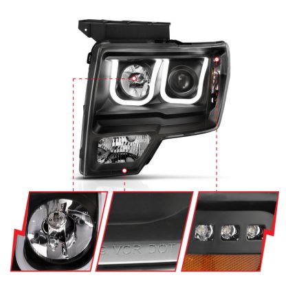 ANZO 2009-2014 Ford F-150 Projector Headlights w/ U-Bar Switchback Black w/ Amber - Image 9