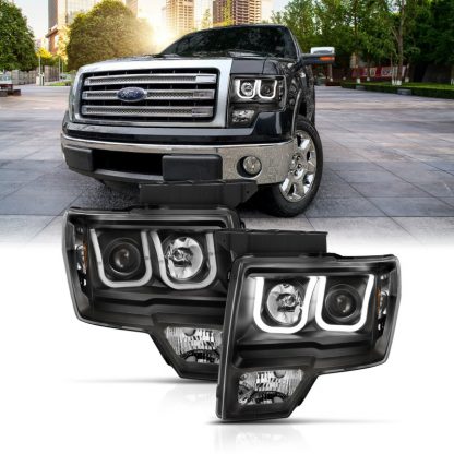 ANZO 2009-2014 Ford F-150 Projector Headlights w/ U-Bar Switchback Black w/ Amber - Image 2