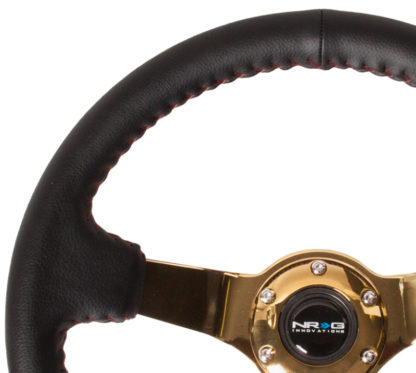 NRG Reinforced Steering Wheel (350mm / 3in. Deep) Blk Leather/Red BBall Stitch w/4mm Gold Spokes - Image 2