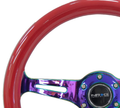 NRG Classic Wood Grain Steering Wheel (350mm) Red Grip w/Neochrome 3-Spoke Center - Image 3