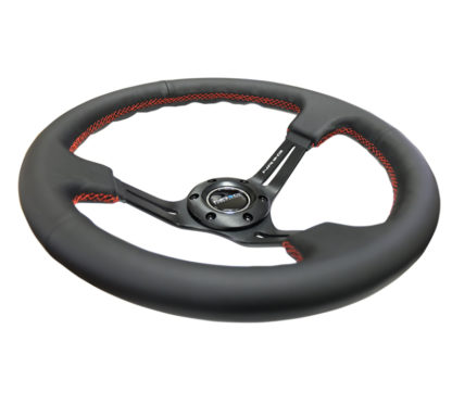 NRG Reinforced Steering Wheel (350mm / 3in. Deep) Black Leather/Red Stitch & Blk 3-Spoke w/Slits - Image 3