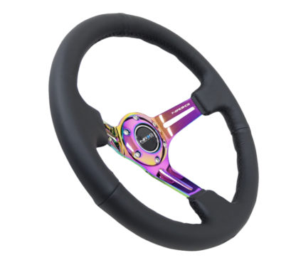 NRG Reinforced Steering Wheel (350mm / 3in. Deep) Blk Leather/Blk Stitch w/Neochrome Slits - Image 2