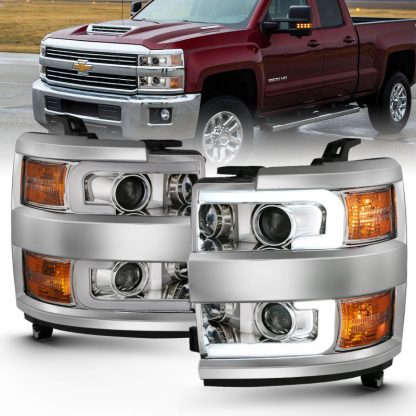 ANZO 2015-2016 Chevrolet Silverado Projector Headlights w/ Plank Style Design Chrome w/ Amber - Image 2