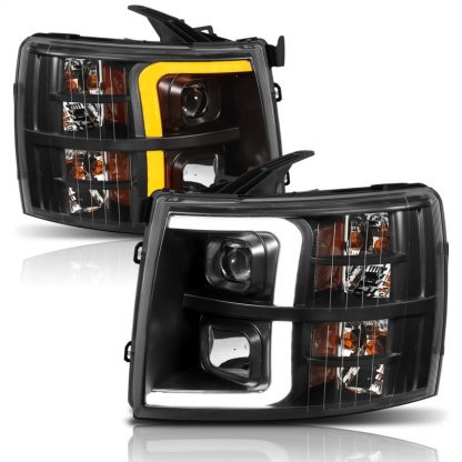 ANZO 07-13 Chevrolet Silverado 1500 Plank Style Projector Headlights Black w/ Amber - Image 4