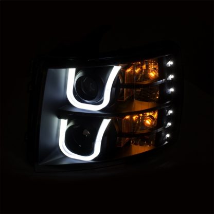 ANZO 2007-2013 Chevrolet Silverado 1500/2500 Projector Headlights w/ U-Bar Switchback Black w/ Amber - Image 4