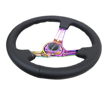 NRG Reinforced Steering Wheel (350mm / 3in. Deep) Blk Leather/Blk Stitch w/Neochrome Slits - Image 3