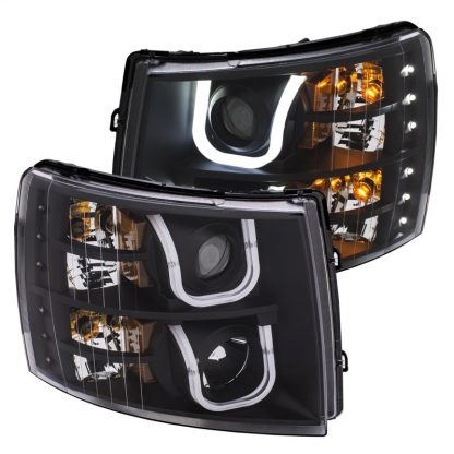 ANZO 2007-2013 Chevrolet Silverado 1500/2500 Projector Headlights w/ U-Bar Switchback Black w/ Amber - Image 2