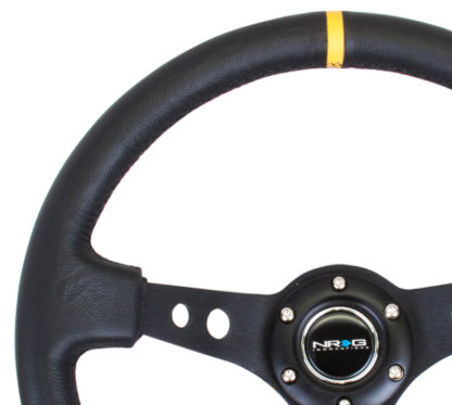 NRG Reinforced Steering Wheel (350mm / 3in. Deep) Blk Leather w/Blk Cutout Spoke/Yellow Center Mark - Image 3