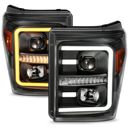 ANZO 2011-2016 Ford F250 Projector Headlights w/ Plank Style Switchback Black w/ Amber - Image 9