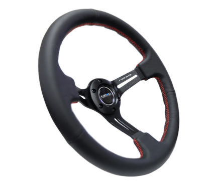 NRG Reinforced Steering Wheel (350mm / 3in. Deep) Black Leather/Red Stitch & Blk 3-Spoke w/Slits - Image 2