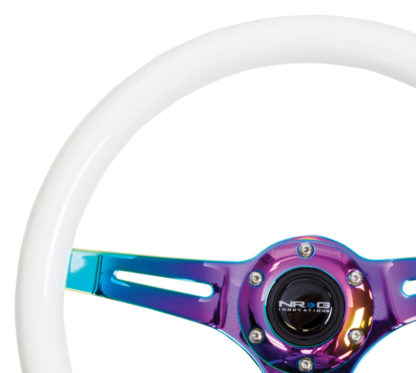 NRG Classic Wood Grain Steering Wheel (350mm) Glow-N-The-Dark Green Grip w/Neochrome 3-Spoke Center - Image 2