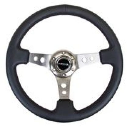 NRG Reinforced Steering Wheel (350mm / 3in. Deep) Blk Leather w/Gunmetal Circle Cutout Spokes - Image 3