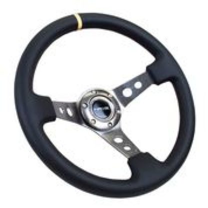 NRG Reinforced Steering Wheel (350mm / 3in. Deep) Blk Leather w/Gunmetal Cutout Spoke & Yellow CM - Image 2