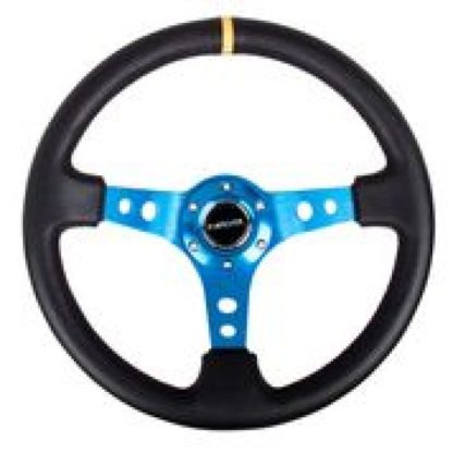 NRG Reinforced Steering Wheel (350mm / 3in. Deep) Blk Leather w/Blue Cutout Spoke & Single Yellow CM - Image 2