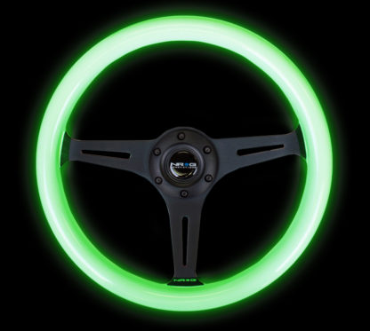 NRG Classic Wood Grain Steering Wheel (350mm) Glow-N-The-Dark Green Grip w/Black 3-Spoke Center - Image 4