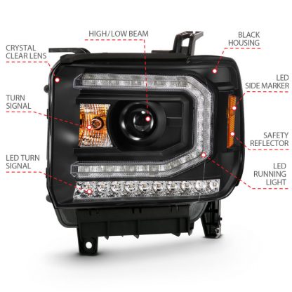 ANZO 2016-2019 Gmc Sierra 1500 Projector Headlight Plank Style Black w/ Sequential Amber Signal - Image 2