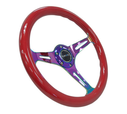 NRG Classic Wood Grain Steering Wheel (350mm) Red Grip w/Neochrome 3-Spoke Center - Image 2