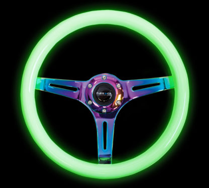 NRG Classic Wood Grain Steering Wheel (350mm) Glow-N-The-Dark Green Grip w/Neochrome 3-Spoke Center - Image 4