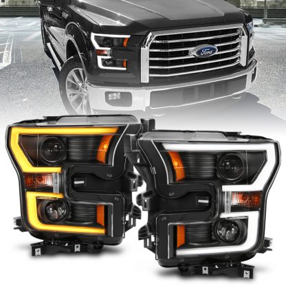 ANZO 2015-2017 Ford F-150 Projector Headlights w/ Plank Style Switchback Black w/ Amber - Image 2