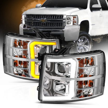 ANZO 07-13 Chevrolet Silverado 1500/2500/3500 Proj Headlights w/ Plank Style Switchback Chrome w/Amb - Image 2