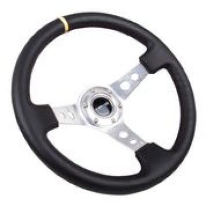 NRG Reinforced Steering Wheel (350mm / 3in. Deep) Blk Leather w/Circle Cut Spokes & Single Yellow CM - Image 2