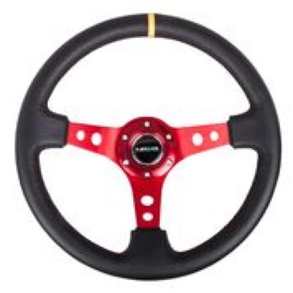 NRG Reinforced Steering Wheel (350mm / 3in. Deep) Blk Leather w/Red Spokes & Sgl Yellow Center Mark - Image 3