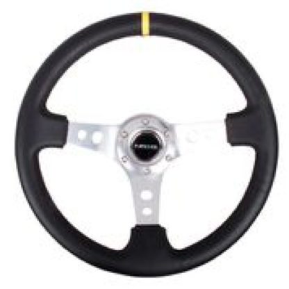 NRG Reinforced Steering Wheel (350mm / 3in. Deep) Blk Leather w/Circle Cut Spokes & Single Yellow CM - Image 3