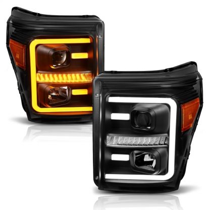 ANZO 2011-2016 Ford F250 Projector Headlights w/ Plank Style Switchback Black w/ Amber - Image 4