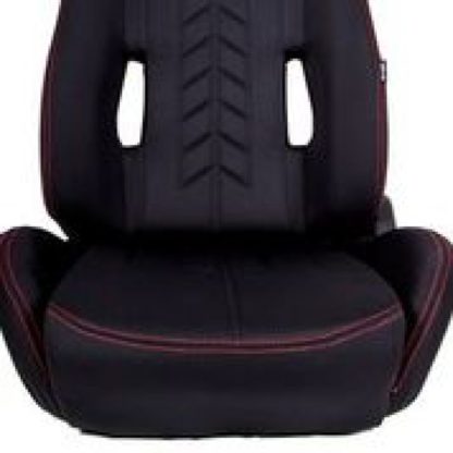 NRG Sport Seats (Pair) Cloth w/NRG Logo & NRG Arrow Cushion Imprint - Black w/Red Stitch - Image 2