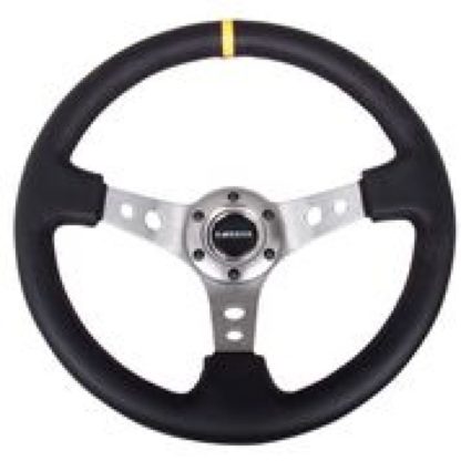 NRG Reinforced Steering Wheel (350mm / 3in. Deep) Blk Leather w/Gunmetal Cutout Spoke & Yellow CM - Image 3