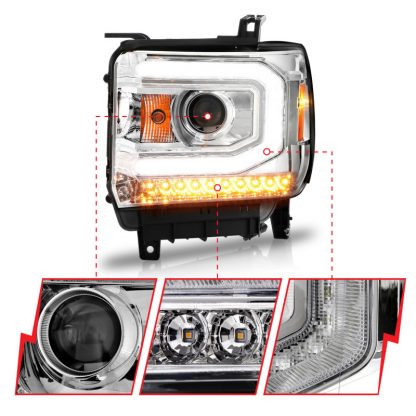 ANZO 2014-2015 Gmc Sierra 1500 Projector Headlights w/ Light Bar Chrome Housing (Halogen Type) - Image 6