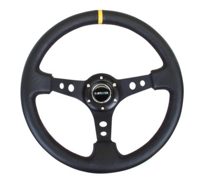 NRG Reinforced Steering Wheel (350mm / 3in. Deep) Blk Leather w/Blk Cutout Spoke/Yellow Center Mark - Image 4