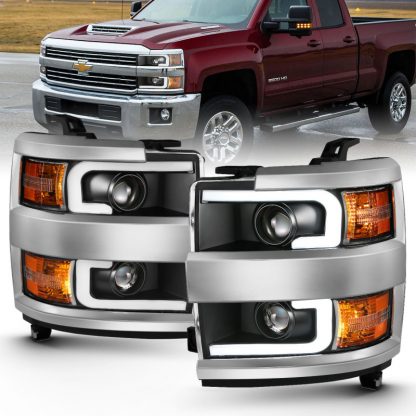 ANZO 2015-2016 Chevrolet Silverado Projector Headlights w/ Plank Style Design Black w/ Amber - Image 2