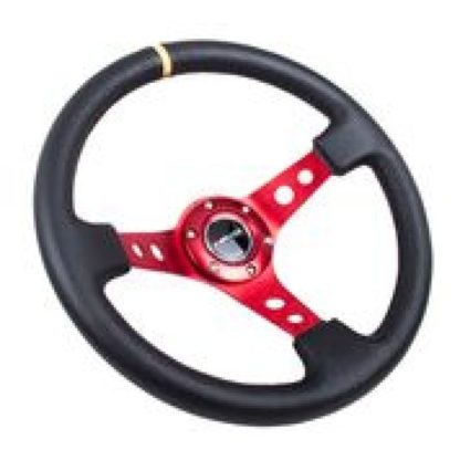 NRG Reinforced Steering Wheel (350mm / 3in. Deep) Blk Leather w/Red Spokes & Sgl Yellow Center Mark - Image 2