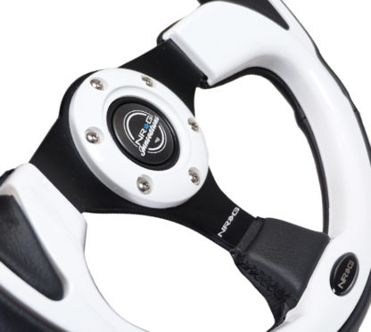 NRG Reinforced Steering Wheel (320mm) Blk w/White Trim & 4mm 3-Spoke - Image 9