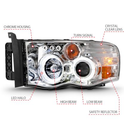 ANZO 2002-2005 Dodge Ram 1500 Projector Headlights w/ Halo Chrome Clear Amber - Image 4