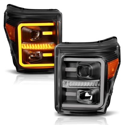 ANZO 2011-2016 Ford F250 Projector Headlights w/ Plank Style Switchback Black w/ Amber - Image 3