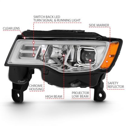 ANZO 2017-2018 Jeep Grand Cherokee Projector Headlights w/ Plank Style Switchback - Chrome w/ Amber - Image 8