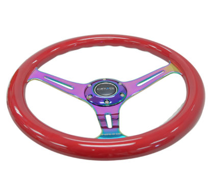 NRG Classic Wood Grain Steering Wheel (350mm) Red Grip w/Neochrome 3-Spoke Center - Image 4