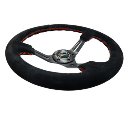 NRG Reinforced Steering Wheel (350mm / 3in. Deep) Blk Suede w/Red Stitching & 5mm Spokes w/Slits - Image 3