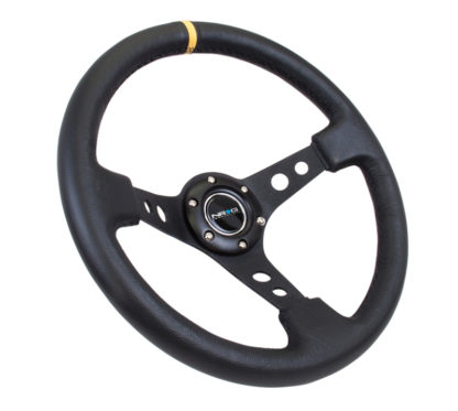 NRG Reinforced Steering Wheel (350mm / 3in. Deep) Blk Leather w/Blk Cutout Spoke/Yellow Center Mark - Image 2