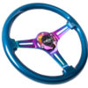 NRG Classic Wood Grain Steering Wheel (350mm) Blue Pearl/Flake Paint w/Neochrome 3-Spoke Center - Image 2