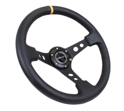 NRG Reinforced Steering Wheel (350mm / 3in. Deep) Blk Leather w/Blk Cutout Spoke/Yellow Center Mark - Image 5