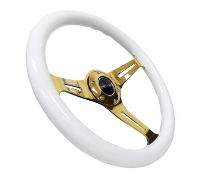 NRG Classic Wood Grain Steering Wheel (350mm) White Grip w/Chrome Gold 3-Spoke Center - Image 2