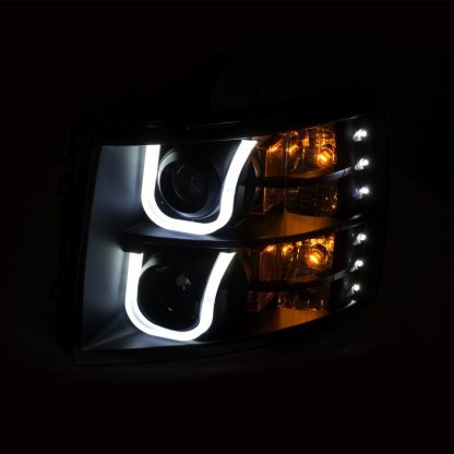 ANZO 2007-2013 Chevrolet Silverado 1500/2500 Projector Headlights w/ U-Bar Switchback Black w/ Amber - Image 9